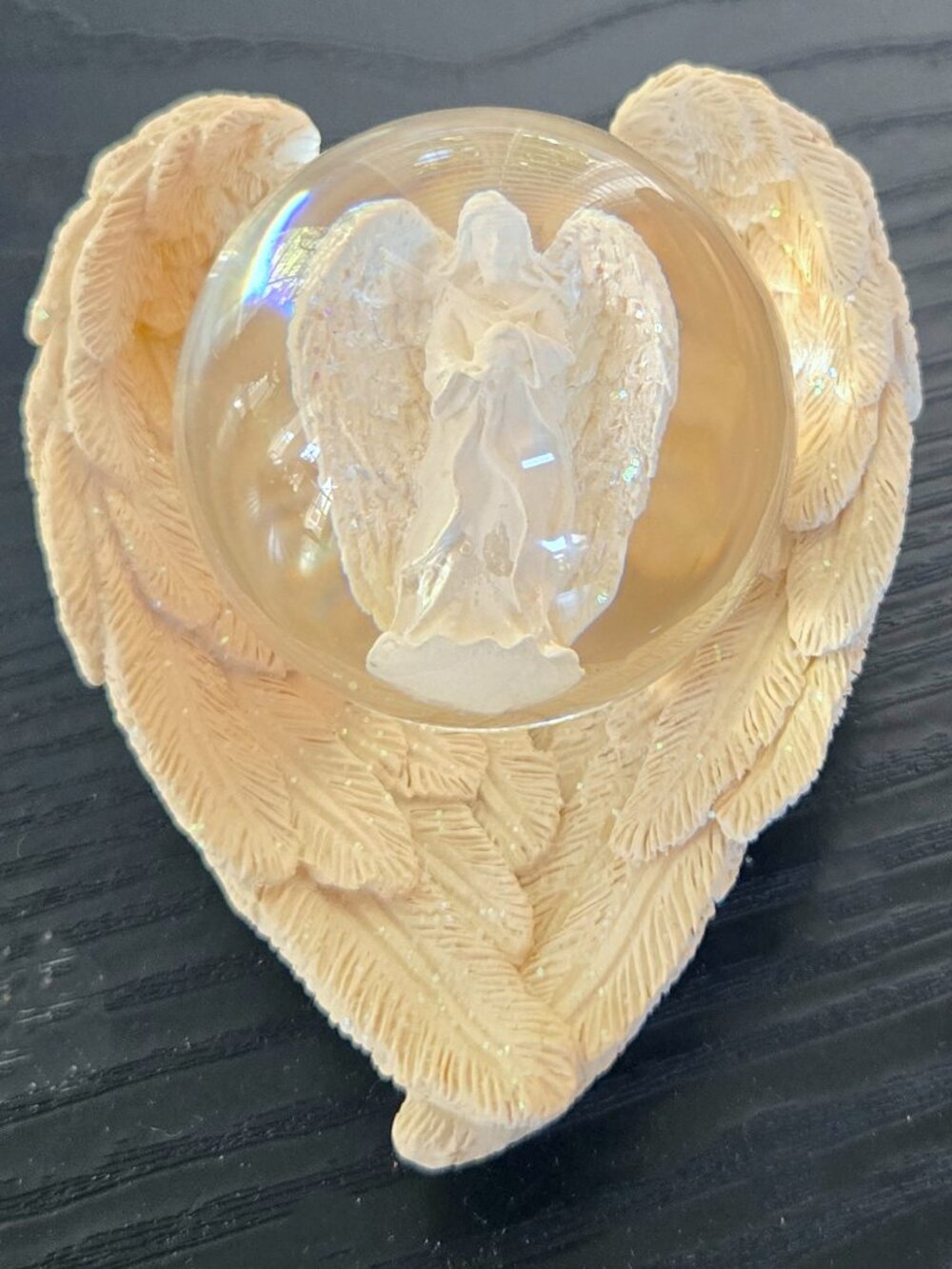 New Prayer Stone with Angel in Glass Ball placed in heart shape wings holder